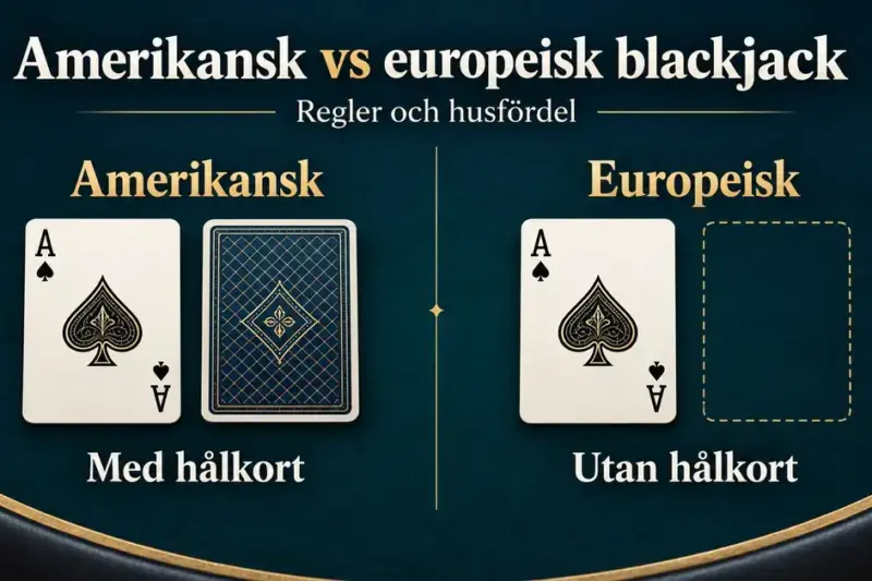 Jämförelse mellan amerikansk blackjack med ett dolt hålkort och europeisk blackjack där givaren ännu inte har fått sitt andra kort.
