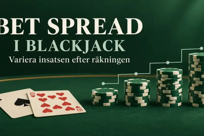 Fyra allt högre staplar med spelmarker och två spelkort på ett grönt blackjackbord illustrerar hur insatsen varierar efter korträkningen.