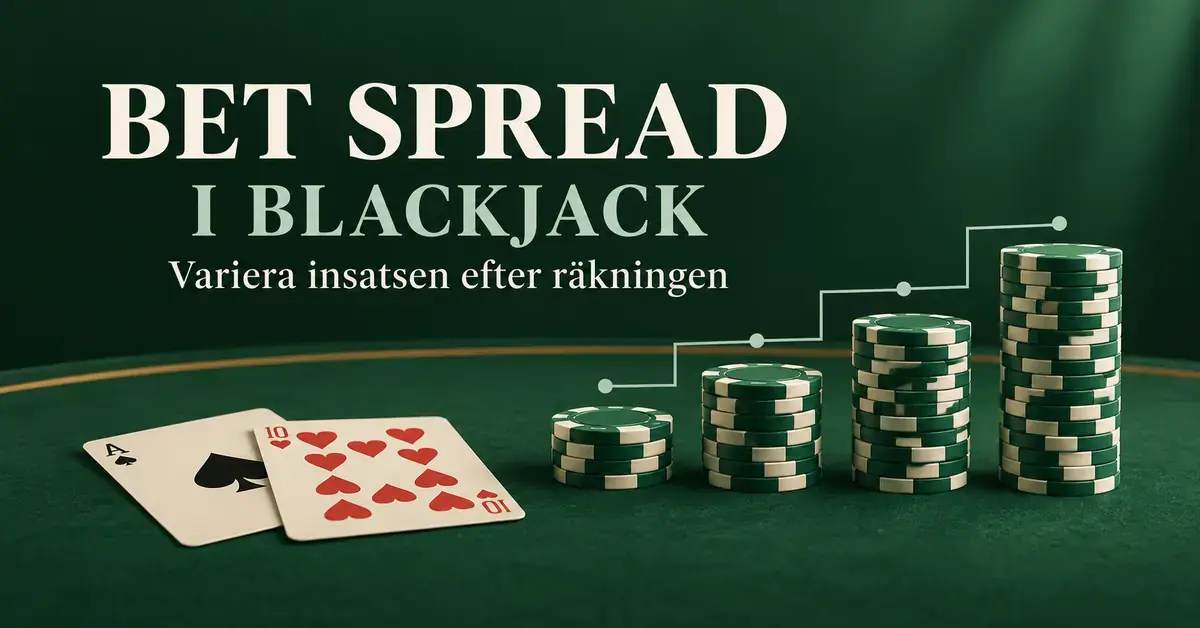 Fyra allt högre staplar med spelmarker och två spelkort på ett grönt blackjackbord illustrerar hur insatsen varierar efter korträkningen.