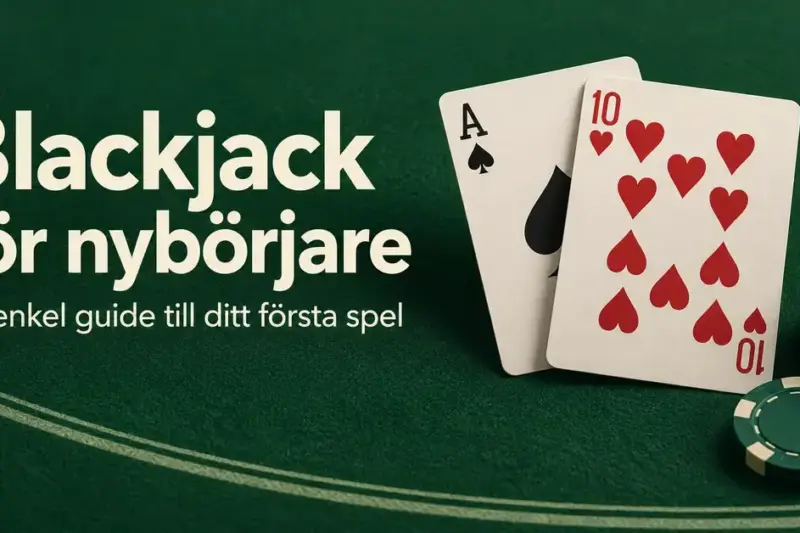 Spader ess och hjärter tio bildar blackjack på ett grönt spelbord med spelmarker och texten ”Blackjack för nybörjare – En enkel guide till ditt första spel”.