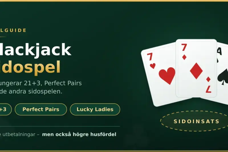 Grafik med titeln "Blackjack sidospel" och tre spelkort på grön bakgrund, där sidospelen 21+3, Perfect Pairs och Lucky Ladies samt en ruta för sidoinsats visas.