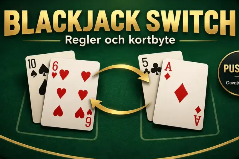 Två blackjackhänder på ett grönt spelbord med gyllene pilar som visar kortbyte och en märkning för Push 22, oavgjort vid 22.