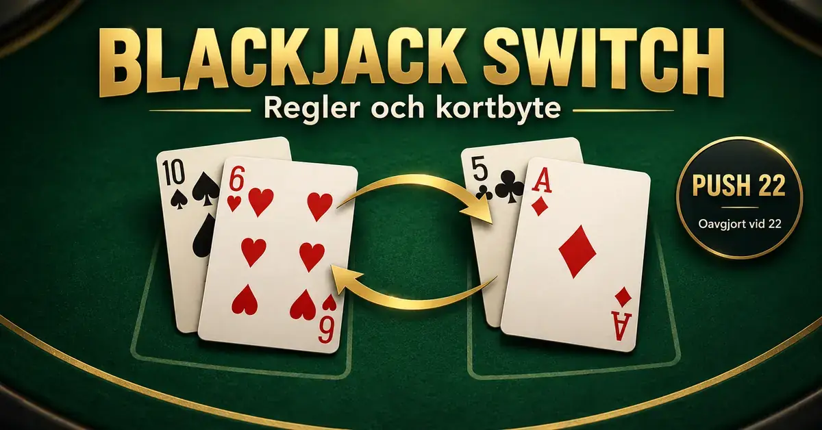 Två blackjackhänder på ett grönt spelbord med gyllene pilar som visar kortbyte och en märkning för Push 22, oavgjort vid 22.