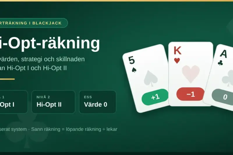 Grafik med rubriken ”Hi-Opt-räkning” mot grön blackjackbakgrund, med tre spelkort som visar kortvärdena +1 för femman, −1 för kungen och 0 för esset samt rutor för Hi-Opt I och Hi-Opt II.