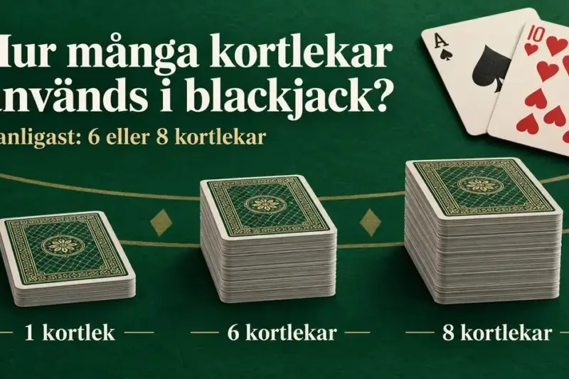 Illustration av en, sex och åtta kortlekar på ett grönt blackjackbord med texten att sex eller åtta kortlekar är vanligast.