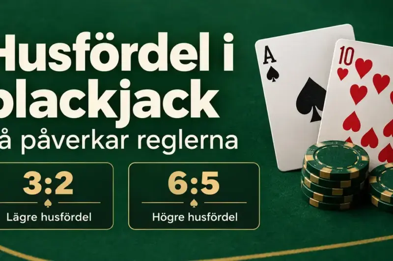 Grafik med blackjackkort och spelmarker som visar att utbetalning 3:2 ger lägre husfördel än 6:5.