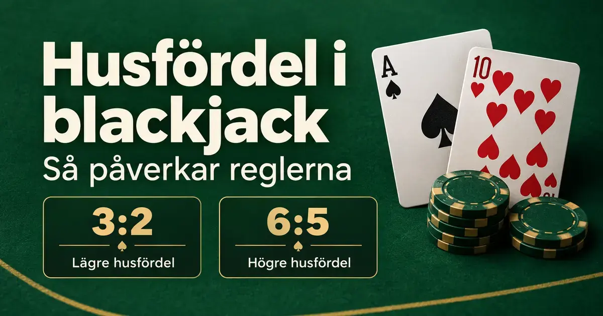 Grafik med blackjackkort och spelmarker som visar att utbetalning 3:2 ger lägre husfördel än 6:5.