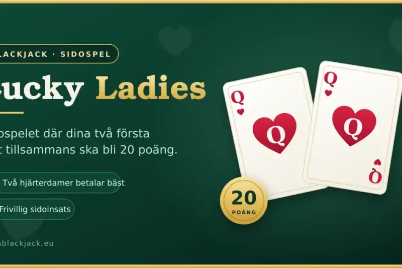 Grafik för sidospelet Lucky Ladies i blackjack med två hjärterdamer och en guldmarkering med texten 20 poäng mot grön kasinobakgrund.