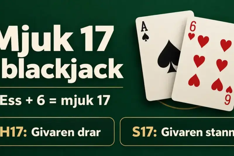 Spader ess och hjärter sex visar mjuk 17 i blackjack, med reglerna att givaren drar vid H17 och stannar vid S17.