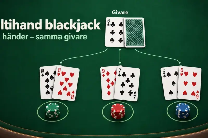 Tre separata blackjackhänder med varsin insats möter en gemensam givarhand på ett grönt spelbord.