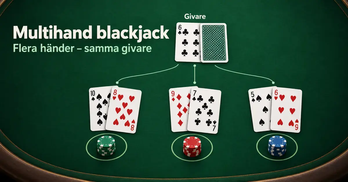 Tre separata blackjackhänder med varsin insats möter en gemensam givarhand på ett grönt spelbord.