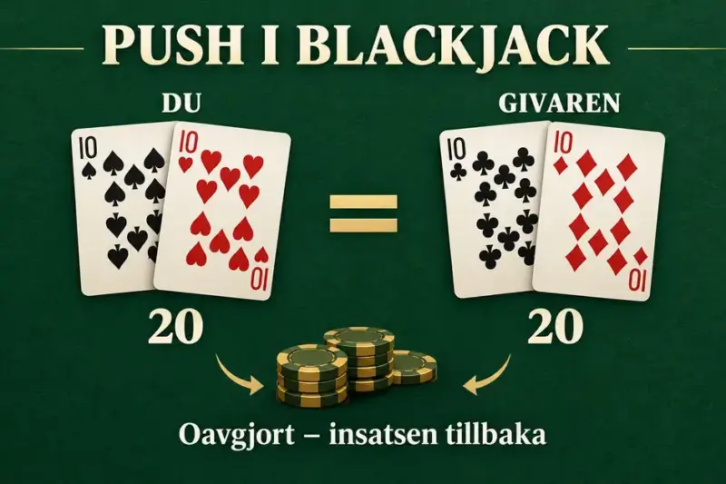 Illustration av en push i blackjack där spelaren och givaren båda har 20 poäng och insatsen betalas tillbaka.