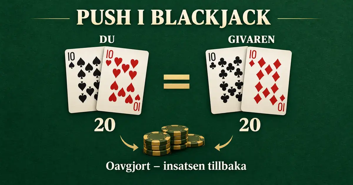 Illustration av en push i blackjack där spelaren och givaren båda har 20 poäng och insatsen betalas tillbaka.