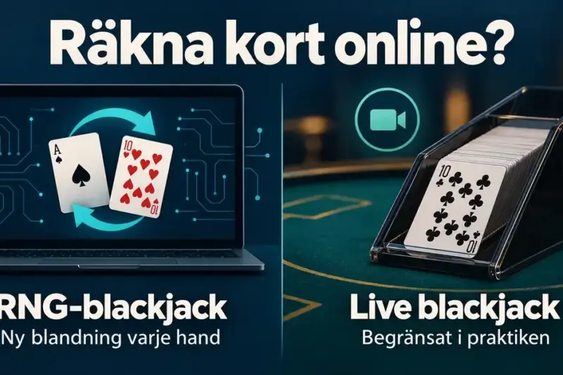 Grafik som jämför korträkning i RNG-blackjack, med ny blandning varje hand, och live blackjack, där möjligheterna är begränsade i praktiken.