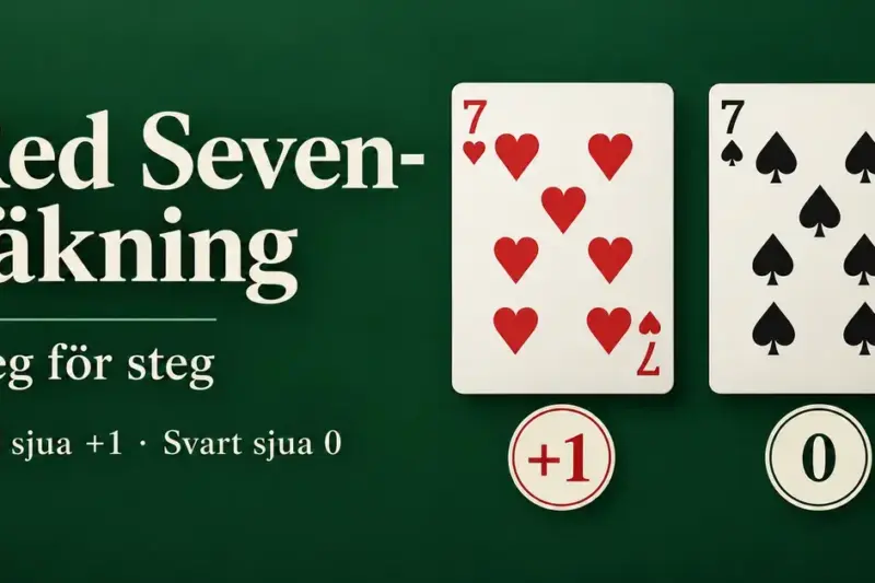 Illustration av Red Seven-räkning med hjärter sju som ger +1 och spader sju som ger 0 mot en mörkgrön bakgrund.