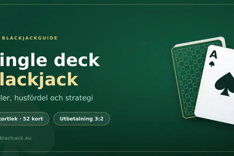 Grafik med texten "Single deck blackjack – regler, husfördel och strategi" mot mörkgrön bakgrund, med en spelkortlek och ett spaderäss samt faktarutorna "1 kortlek · 52 kort" och "Utbetalning 3:2".