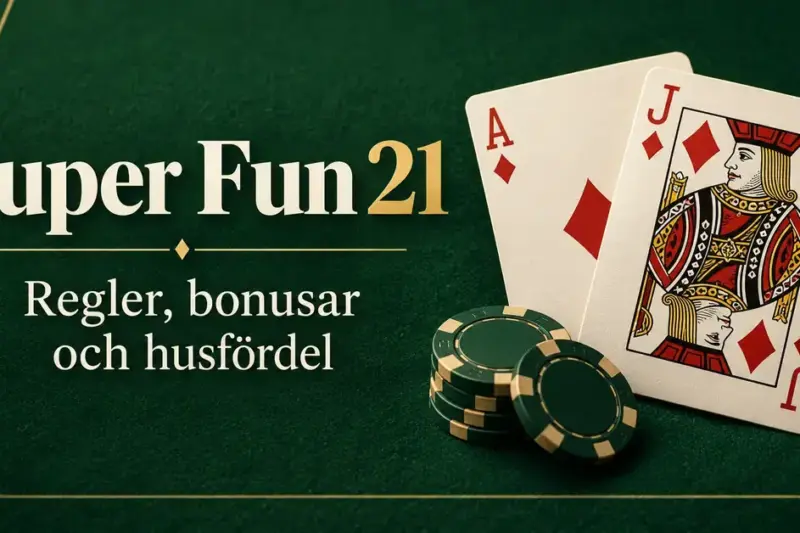 Ruteress och ruterknekt med spelmarker på grön filt bredvid texten ”Super Fun 21 – Regler, bonusar och husfördel”.