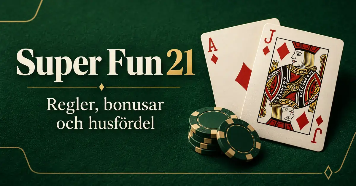Ruteress och ruterknekt med spelmarker på grön filt bredvid texten ”Super Fun 21 – Regler, bonusar och husfördel”.
