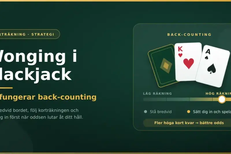 Grafik om wonging i blackjack med spelkort och en mätare som visar hur du står bredvid bordet vid låg räkning och sätter dig in och spelar först när räkningen blir hög.